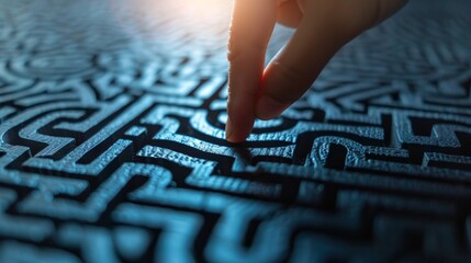 A person tracing a path on a maze using their finger to navigate through the twists and turns
