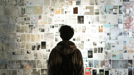 A person standing in front of a large display of their life story created through various mediums like drawings photographs and written narratives