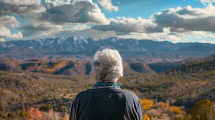 An elderly woman enjoying the view from a scenic overlook admiring the beauty of the mountains and sky