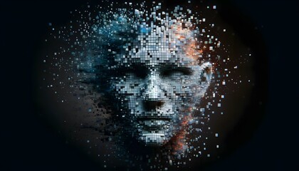 A digital head composed of scattered particles, blending blue and orange hues against a dark background, symbolizing technology and innovation.