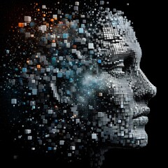 A digital head constructed from numerous pixels, blending blue and orange shades, depicting advanced technology and digital transformation.