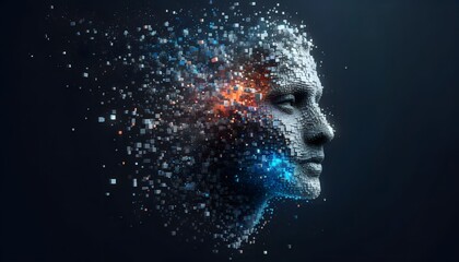 A digital head disintegrating into particles, showcasing a blend of blue and orange hues, representing the fusion of technology and humanity.