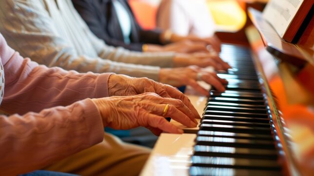 A group of seniors learning to play the piano together with the help of a music the