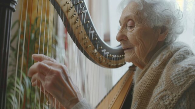 An elderly woman playing a harp the peaceful and soothing sounds filling the room and calming her mind