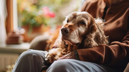A therapy dog sitting in a lap of an older person bringing comfort and happiness to them