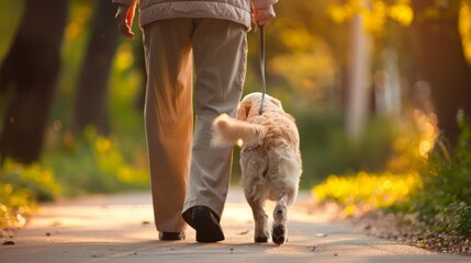 Obraz premium An elderly person and a therapy dog enjoying a leisurely walk through a park both benefiting from the fresh air and exercise