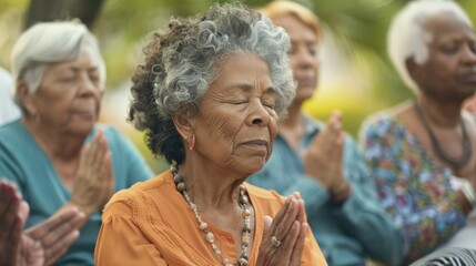 A group of older adults meditating in a circle with their eyes closed and hands p on their hearts