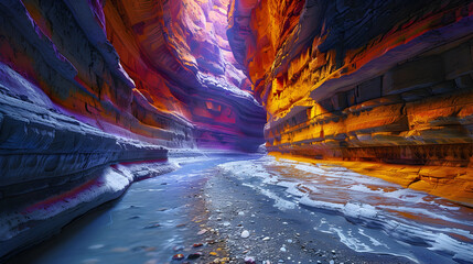 An ultra HD view of a nature canyon at sunrise, the light casting long shadows and highlighting the layers of rock