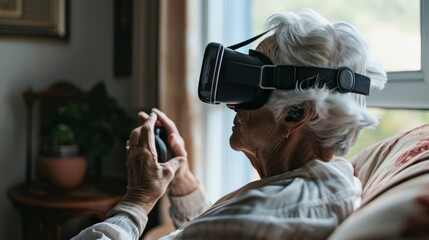 A photo of a senior using a virtual reality headset for cognitive stimulation and reminiscence therapy