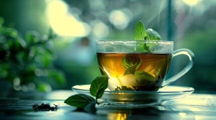 A cup of green tea known for its high levels of antioxidants and its potential to improve brain cognition