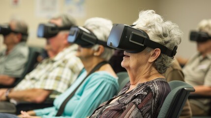 A group of individuals engaging in VR cognitive exercises improving their concentration and focus