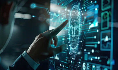 Close up image of a person interacting with an advanced security interface, featuring a digital fingerprint scan for secure access in a high tech environment with glowing blue graphics