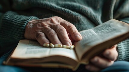 An older adult reading a book and taking brain health supplements showing the importance of lifelong learning and brain health maintenance