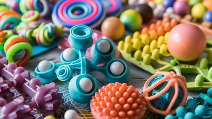 An assortment of different sensory tools and toys used in therapy such as fidget spinners and stress balls