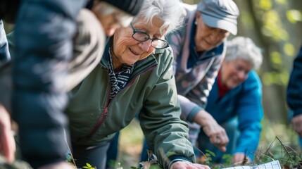 Fototapeta premium A photo of a group of seniors playing a game of outdoor bingo walk where they have to spot and mark off various objects in nature