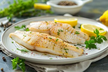 Newly cooked tilapia fillet with lemon and herbs on white plate