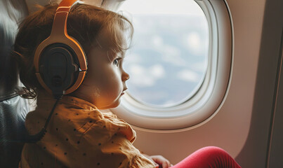 Young child enjoying music on airplane flight