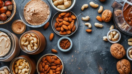 A variety of nut butters including almond and cashew are laid out next to a blender all of which are great sources of healthy fats for brain health