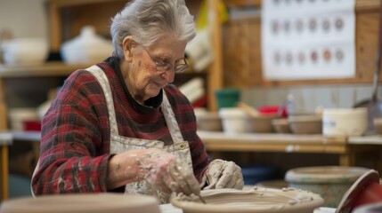 An art the guiding residents through a potterymaking session shaping clay into beautiful creations