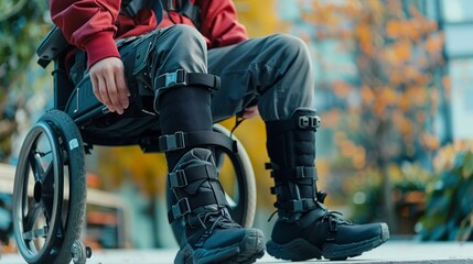Naklejka premium A person with a spinal cord injury wearing adaptive pants with easyopen snaps on the sides allowing them to get dressed while in a seated position