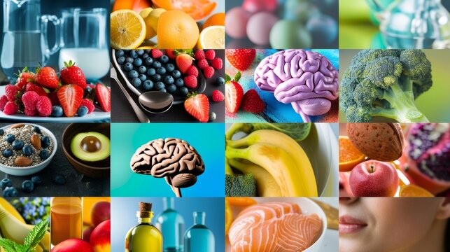 A collage of colorful images representing various activities that contribute to a healthy brain such as exercising eating nutritious foods and engaging in cognitive exercises