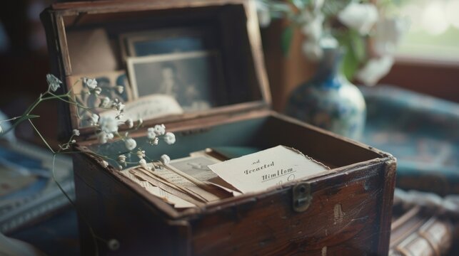 A closeup shot of a memory box with a handwritten label reading treasured memories representing the sentimental value of personal items