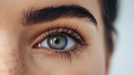 Obraz premium Close-up of a blue eye with freckles and long lashes. Detailed view of human eye. Perfect for beauty and makeup content. Generated with AI.