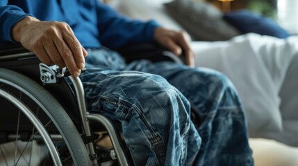 Obraz premium An image of a home health aide using proper lifting techniques to assist a client with paralysis in transferring from bed to wheelchair