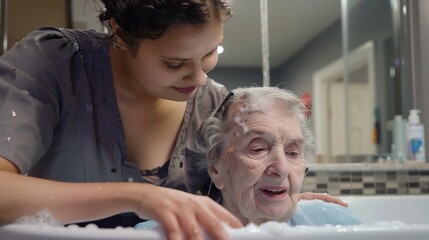 An elderly woman with Parkinsons disease receiving assistance from a home health aide to get in and out of the shower