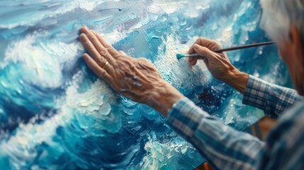An elderly person carefully blending hues of blue to create a stunning ocean landscape on their canvas