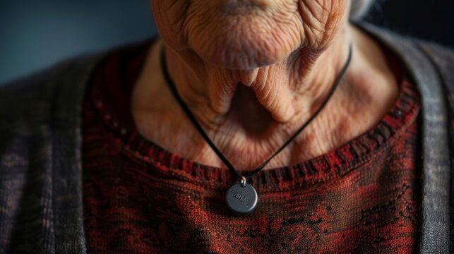 An elderly person wearing a necklace with a panic button allowing them to call for help in case of emergencies