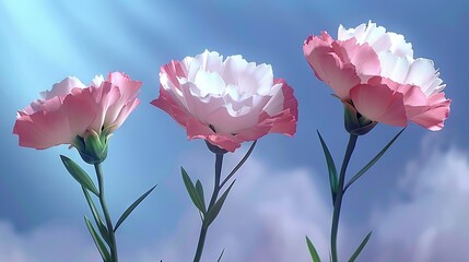 Fototapeta premium Blue sky with white clouds, sunbeams, and three pink and white flowers in the foreground