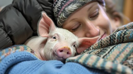 A therapy piglet snuggling with a patient during a therapy session