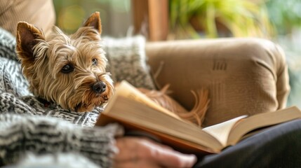 An older person with a large print book sitting comfortably in a recliner in their reading nook with a small dog at their feet