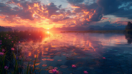 An ultra HD view of a nature fen at sunrise, the sky glowing with vibrant colors and the water reflecting the light