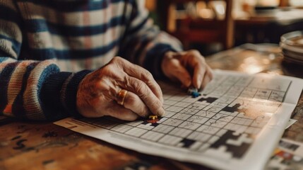 A poster with a photo of a person doing a crossword puzzle emphasizing the benefits of cognitive exercises for a healthy brain