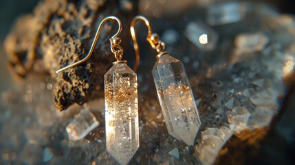 A set of earrings with tiny crystals believed to have healing properties and improve memory function