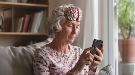 Fototapeta premium A woman using a brain training app on her phone to improve memory and concentration