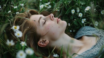 A person lying in a field gazing up at the sky and taking slow intentional breaths