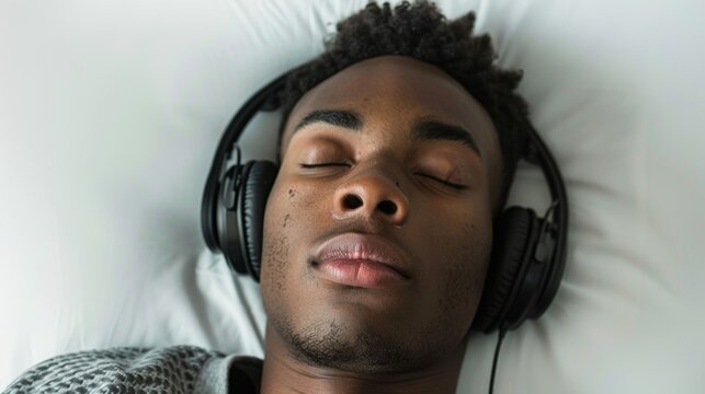 A person with headphones on lying down and closing their eyes while listening to their personalized playlist