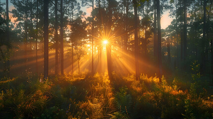 An ultra HD view of a nature thicket at sunrise, the light casting long shadows and creating a golden glow among the dense vegetation