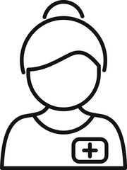 Female medical professional wearing a badge is depicted in simple line art