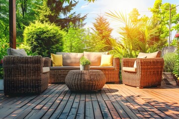 Rattan patio set with sofa table and chair on sunny wooden deck in garden
