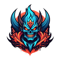 A blue skull with red flames and yellow eyes