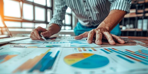 Obraz premium A Businesspersons Focused Gaze Analyzes Charts and Graphs During a Busy Day in the Office