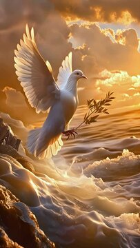 The dove returning to Noah's ark with an olive branch from Genesis 8:6-12. 4k video in smart phone 9:16 aspect ratio for prayer meme.