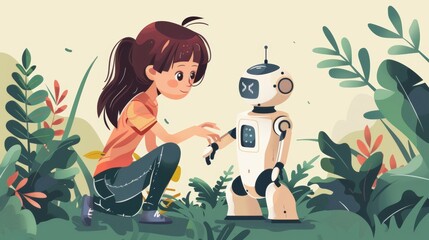 A cute girl is playing with a robot. The concept of future training. 
