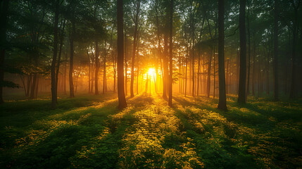 Fototapeta premium An ultra HD view of a nature woodland at sunrise, the light casting long shadows and creating a golden glow among the trees
