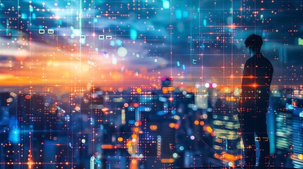 Obraz premium A Lone Figure Contemplates the Digital Cityscape at Dusk