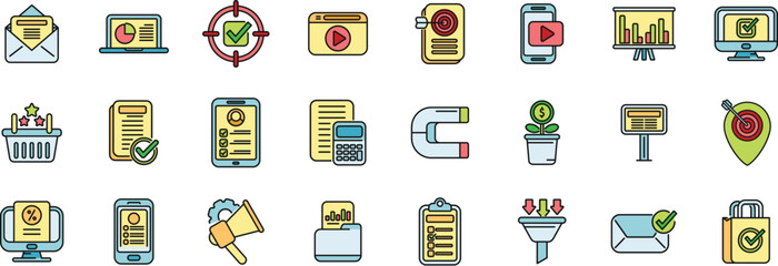 Marketing filled icons set outline vector. Direct sales. Mail cart thin line color flat on white